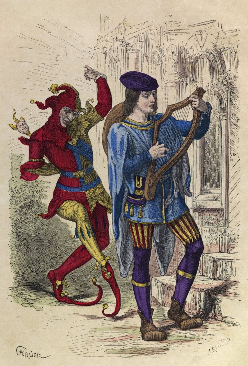 Vintage illustration of a jester dancing behind a musician.